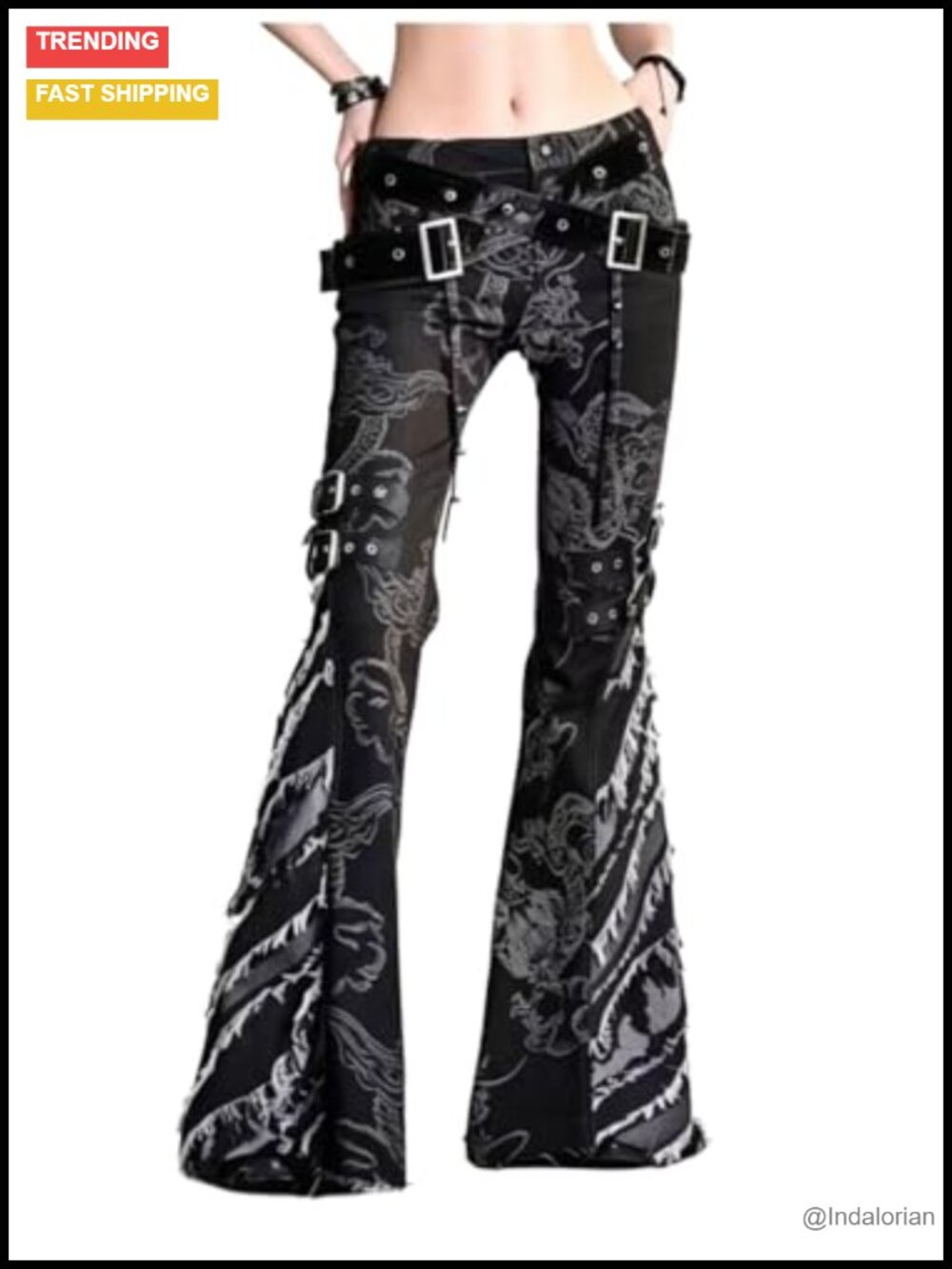 Y2K Punk Dragon Print Flare Jeans Slim Fit Low Rise with PU Belt